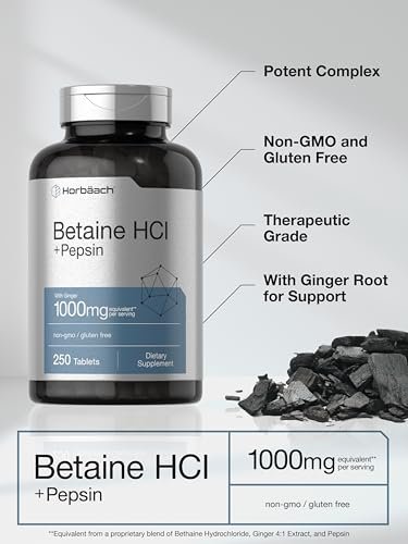 Horbäach Betain HCl mit Pepsin | 250 Tabletten | Hydrochlorid-Ergänzung mit Ingwerwurzel | Nicht-GVO, Glutenfrei