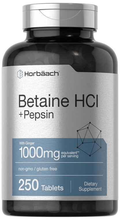 Horbäach Betain HCl mit Pepsin | 250 Tabletten | Hydrochlorid-Ergänzung mit Ingwerwurzel | Nicht-GVO, Glutenfrei