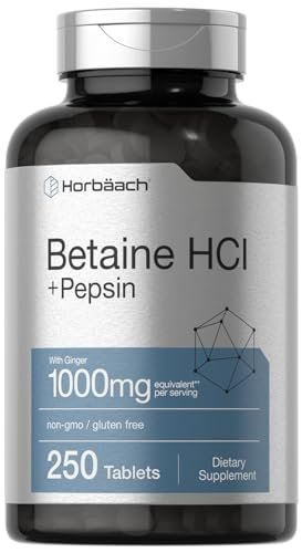 Horbäach Betain HCl mit Pepsin | 250 Tabletten | Hydrochlorid-Ergänzung mit Ingwerwurzel | Nicht-GVO, Glutenfrei