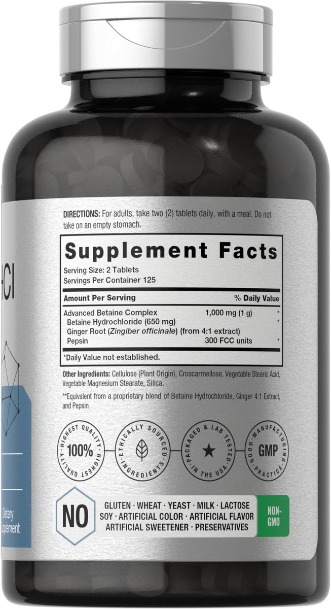 Horbäach Betain HCl mit Pepsin | 250 Tabletten | Hydrochlorid-Ergänzung mit Ingwerwurzel | Nicht-GVO, Glutenfrei
