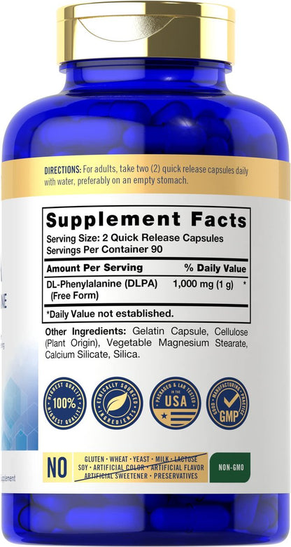 Carlyle DL-Phenylalanin | 1000 mg | 180 Kapseln | Nicht-GVO und glutenfrei | DLPA Freiform-Ergänzung