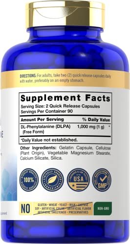 Carlyle DL-Phenylalanin | 1000 mg | 180 Kapseln | Nicht-GVO und glutenfrei | DLPA Freiform-Ergänzung
