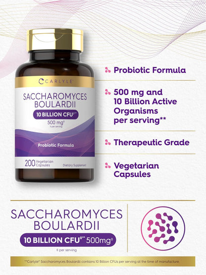 Carlyle Saccharomyces Boulardii Probiotika & Präbiotika | 10 Milliarden KBE | 200 Kapseln | XXL-Vorteilspackung | Non-GMO, Glutenfrei