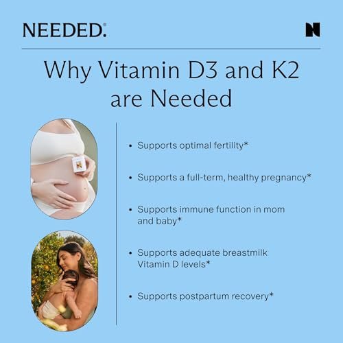 Needed. Expertly-Formuliertes pränatales Vitamin D3/K2 | Für Fruchtbarkeit, Schwangerschaft, Stillzeit und Wochenbett, Gesunde Immunität und Knochenentwicklung, Unterstützt den Vitamin-D-Spiegel in der Muttermilch | 60 Kapseln