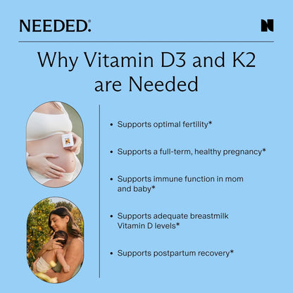 Needed. Expertly-Formuliertes pränatales Vitamin D3/K2 | Für Fruchtbarkeit, Schwangerschaft, Stillzeit und Wochenbett, Gesunde Immunität und Knochenentwicklung, Unterstützt den Vitamin-D-Spiegel in der Muttermilch | 60 Kapseln