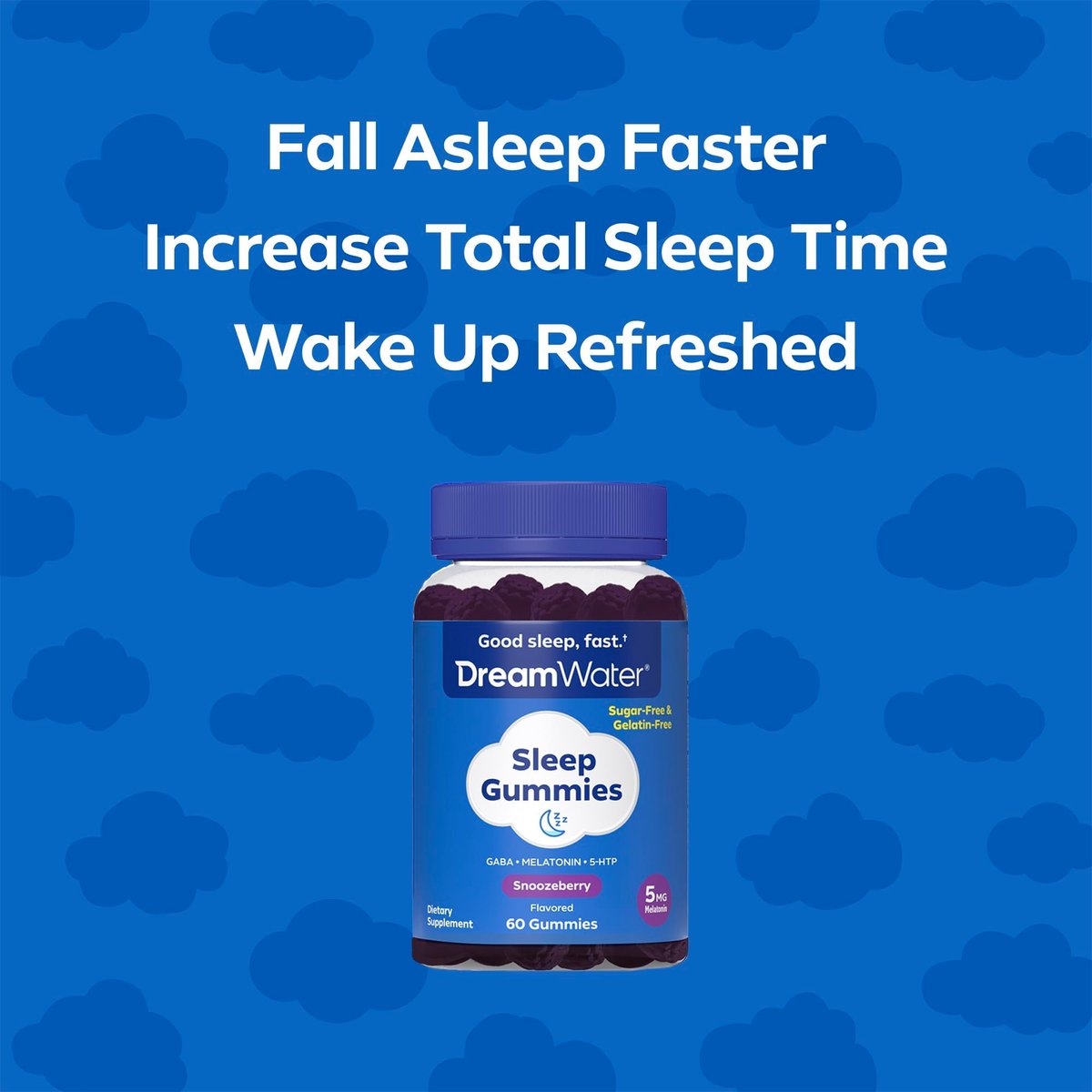 Dream Water Sleep Gummies (60 Stück) – Einschlafhilfe für Erwachsene mit 5 mg Melatonin, GABA, 5-HTP – Natürlicher Snoozeberry-Geschmack (Blaue Himbeere) – Zuckerfrei, Glutenfrei, Vegan