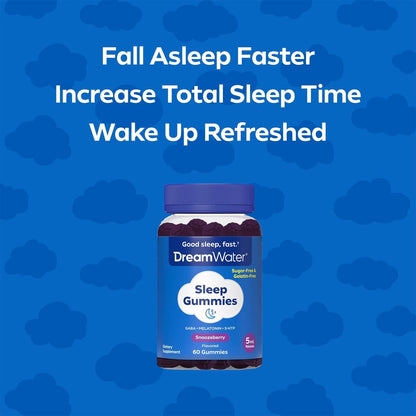 Dream Water Sleep Gummies (60 Stück) – Einschlafhilfe für Erwachsene mit 5 mg Melatonin, GABA, 5-HTP – Natürlicher Snoozeberry-Geschmack (Blaue Himbeere) – Zuckerfrei, Glutenfrei, Vegan