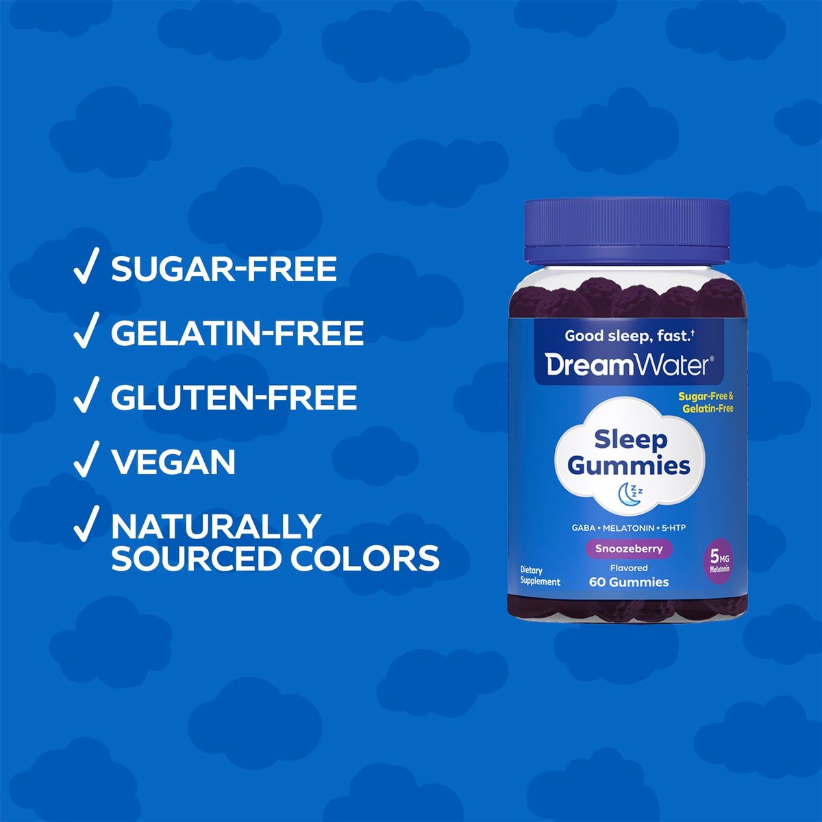 Dream Water Sleep Gummies (60 Stück) – Einschlafhilfe für Erwachsene mit 5 mg Melatonin, GABA, 5-HTP – Natürlicher Snoozeberry-Geschmack (Blaue Himbeere) – Zuckerfrei, Glutenfrei, Vegan