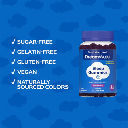 Dream Water Sleep Gummies (60 Stück) – Einschlafhilfe für Erwachsene mit 5 mg Melatonin, GABA, 5-HTP – Natürlicher Snoozeberry-Geschmack (Blaue Himbeere) – Zuckerfrei, Glutenfrei, Vegan