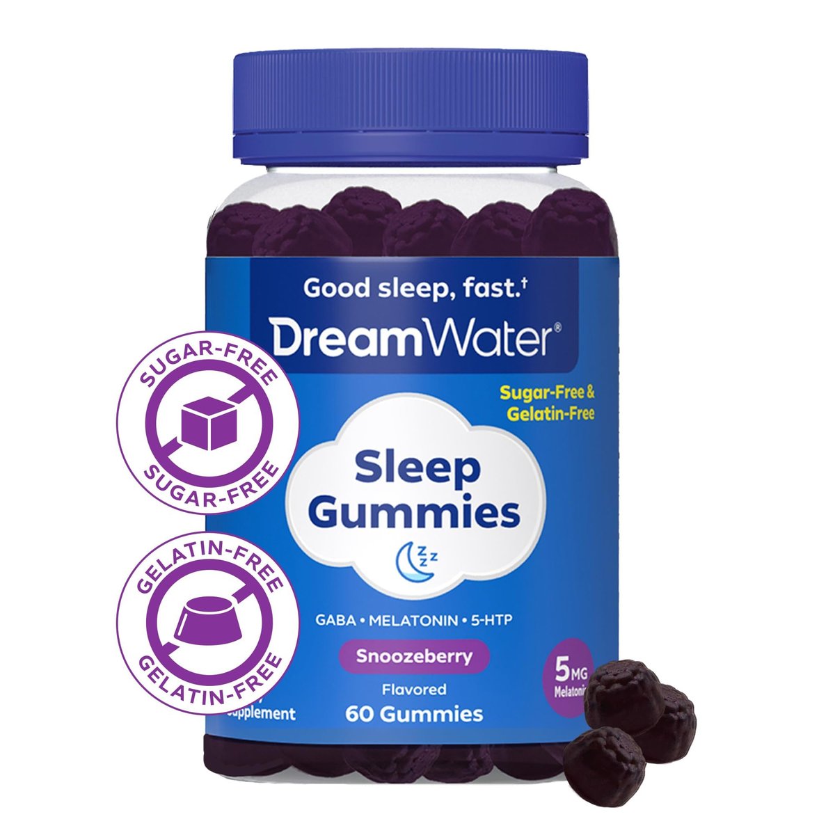 Dream Water Sleep Gummies (60 Stück) – Einschlafhilfe für Erwachsene mit 5 mg Melatonin, GABA, 5-HTP – Natürlicher Snoozeberry-Geschmack (Blaue Himbeere) – Zuckerfrei, Glutenfrei, Vegan