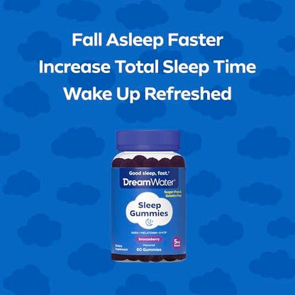 Dream Water Sleep Gummies (60 Stück) – Einschlafhilfe für Erwachsene mit 5 mg Melatonin, GABA, 5-HTP – Natürlicher Snoozeberry-Geschmack (Blaue Himbeere) – Zuckerfrei, Glutenfrei, Vegan