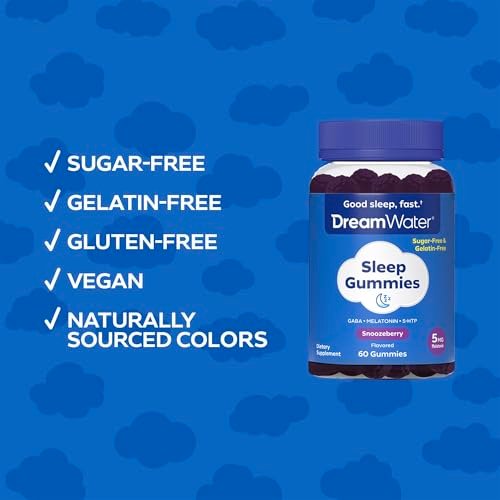 Dream Water Sleep Gummies (60 Stück) – Einschlafhilfe für Erwachsene mit 5 mg Melatonin, GABA, 5-HTP – Natürlicher Snoozeberry-Geschmack (Blaue Himbeere) – Zuckerfrei, Glutenfrei, Vegan