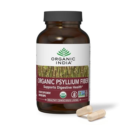 ORGANIC INDIA Psyllium Husk Kapseln – Ballaststoff Ergänzung, Gesunde Verdauung – Vegan, Keto geeignet, Glutenfrei, USDA Bio, Nicht-GVO, Lösliche & Unlösliche Ballaststoffe – 180 Kapseln