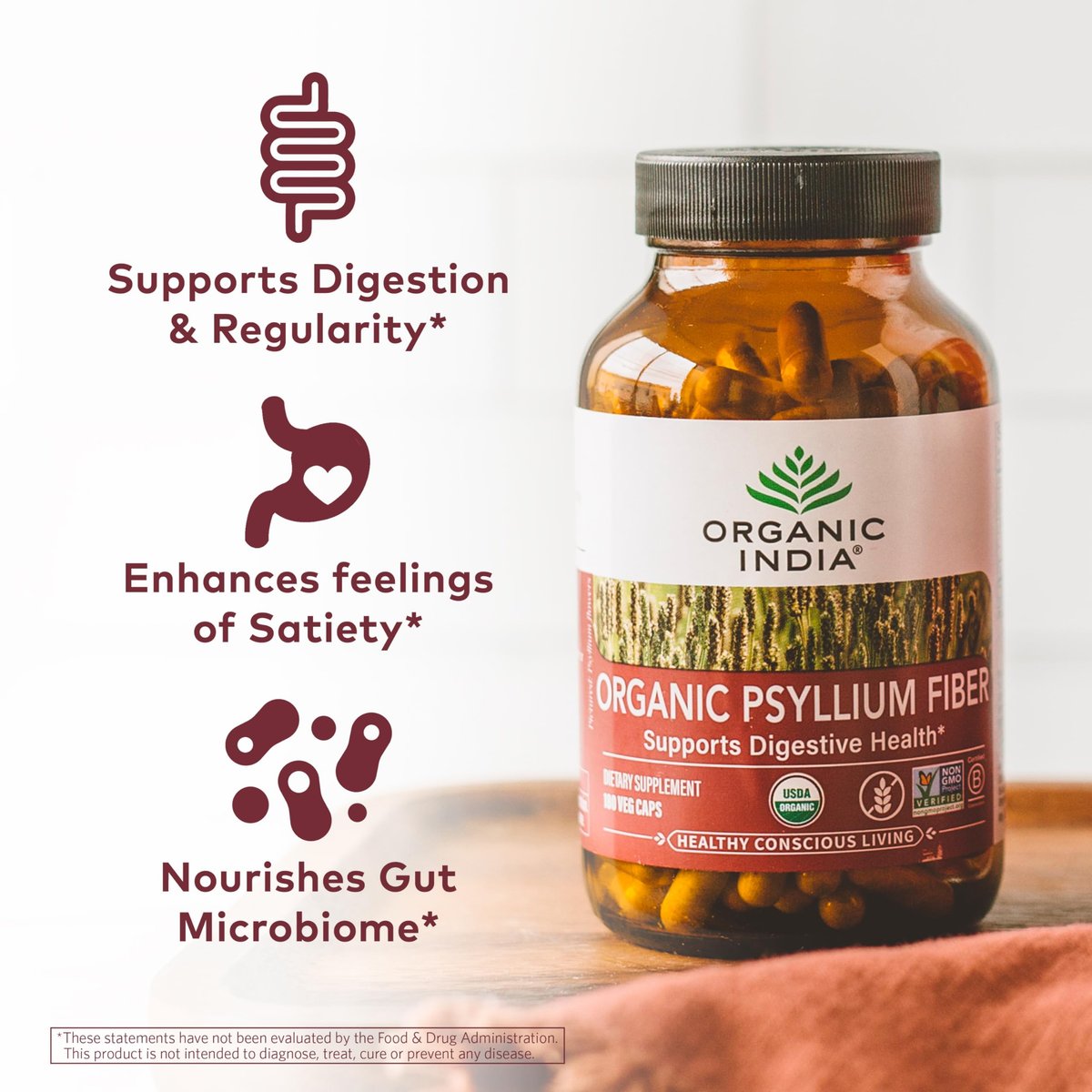 ORGANIC INDIA Psyllium Husk Kapseln – Ballaststoff Ergänzung, Gesunde Verdauung – Vegan, Keto geeignet, Glutenfrei, USDA Bio, Nicht-GVO, Lösliche & Unlösliche Ballaststoffe – 180 Kapseln