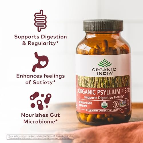 ORGANIC INDIA Psyllium Husk Kapseln – Ballaststoff Ergänzung, Gesunde Verdauung – Vegan, Keto geeignet, Glutenfrei, USDA Bio, Nicht-GVO, Lösliche & Unlösliche Ballaststoffe – 180 Kapseln