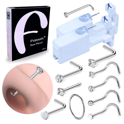 Firstomato 2er-Pack Einweg-Nasenpiercing-Pistole – Selbstpiercing-Set mit hypoallergenem Nasenstecker, chirurgischer Edelstahl, Silber