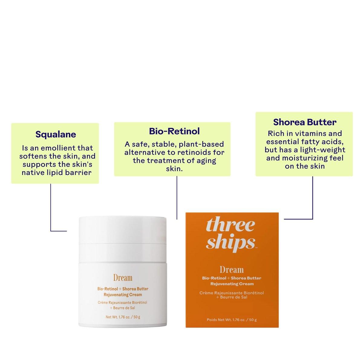 Three Ships - Dream Bio-Retinol + Shorea Butter Verjüngende Nachtcreme | Für einen ebenmäßigen Hautton, Feuchtigkeit, Glätte | Tierversuchsfrei, Vegan, Parabenfrei, Für empfindliche Haut (50 g)