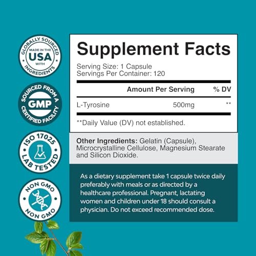 Free Form L-Tyrosin 500mg Kapseln – Hochdosiertes L-Tyrosin Supplement für mentale Energie und Fokus – Aminosäure Nootropikum zur Unterstützung von Stimmung, Konzentration und kognitiver Leistung