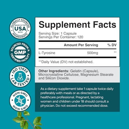 Free Form L-Tyrosin 500mg Kapseln – Hochdosiertes L-Tyrosin Supplement für mentale Energie und Fokus – Aminosäure Nootropikum zur Unterstützung von Stimmung, Konzentration und kognitiver Leistung
