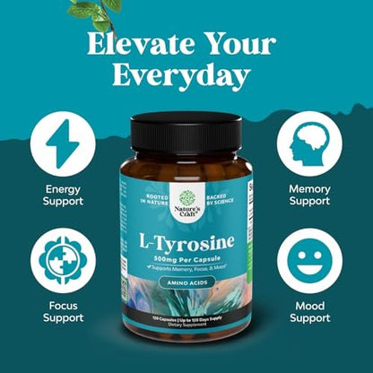 Free Form L-Tyrosin 500mg Kapseln – Hochdosiertes L-Tyrosin Supplement für mentale Energie und Fokus – Aminosäure Nootropikum zur Unterstützung von Stimmung, Konzentration und kognitiver Leistung