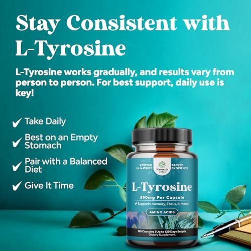 Free Form L-Tyrosin 500mg Kapseln – Hochdosiertes L-Tyrosin Supplement für mentale Energie und Fokus – Aminosäure Nootropikum zur Unterstützung von Stimmung, Konzentration und kognitiver Leistung