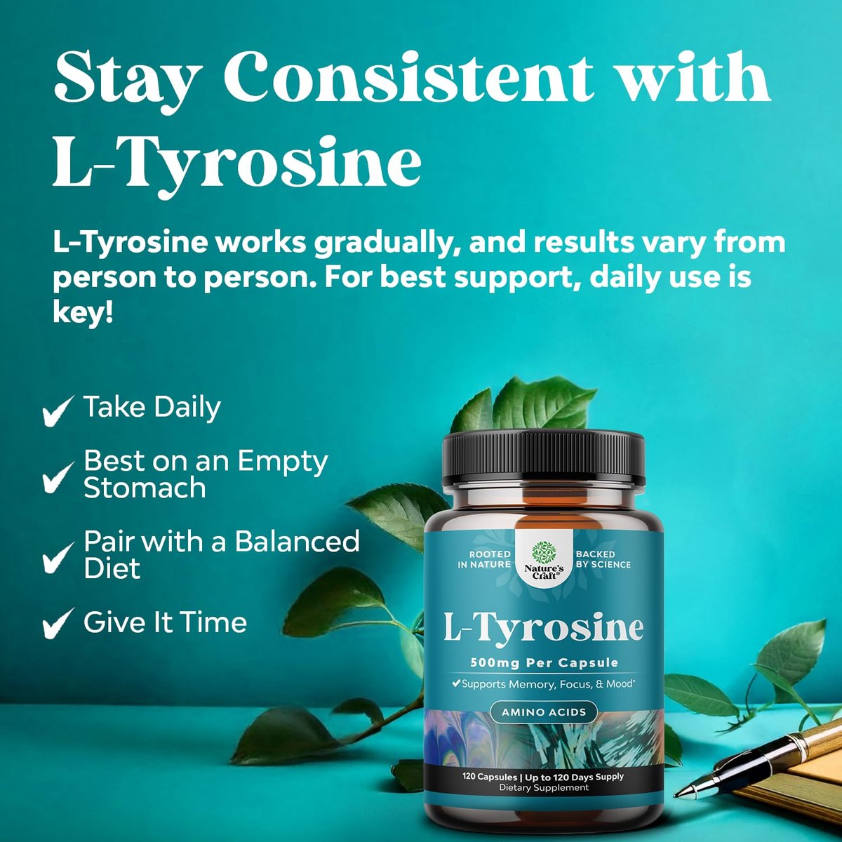 Free Form L-Tyrosin 500mg Kapseln – Hochdosiertes L-Tyrosin Supplement für mentale Energie und Fokus – Aminosäure Nootropikum zur Unterstützung von Stimmung, Konzentration und kognitiver Leistung