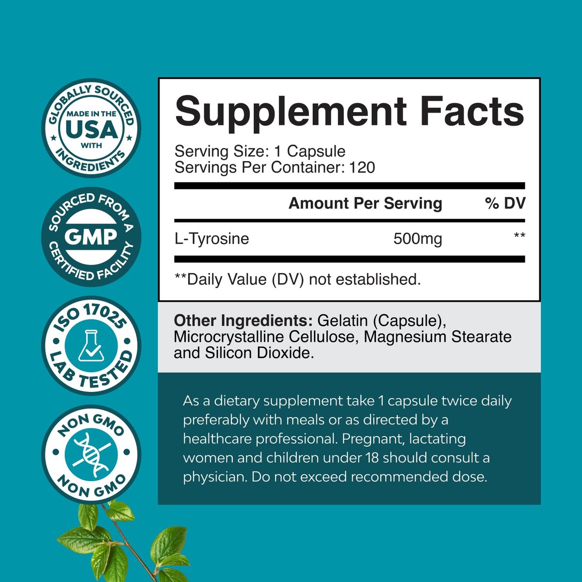 Free Form L-Tyrosin 500mg Kapseln – Hochdosiertes L-Tyrosin Supplement für mentale Energie und Fokus – Aminosäure Nootropikum zur Unterstützung von Stimmung, Konzentration und kognitiver Leistung