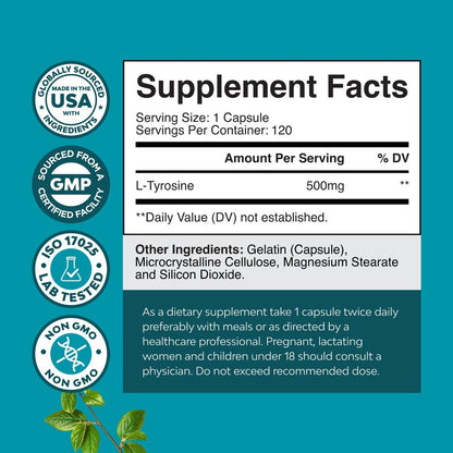 Free Form L-Tyrosin 500mg Kapseln – Hochdosiertes L-Tyrosin Supplement für mentale Energie und Fokus – Aminosäure Nootropikum zur Unterstützung von Stimmung, Konzentration und kognitiver Leistung