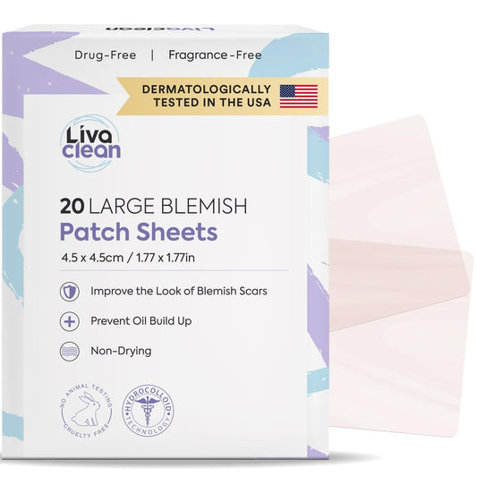 LivaClean 20er Pack Große Hydrokolloid-Akne-Pflaster - Für Poren, Nase, Gesicht, Zystische Pickel, Mitesser - Große Pickel-Patches, Hydrokolloid-Bandagen, Streifen, Aufkleber, XL