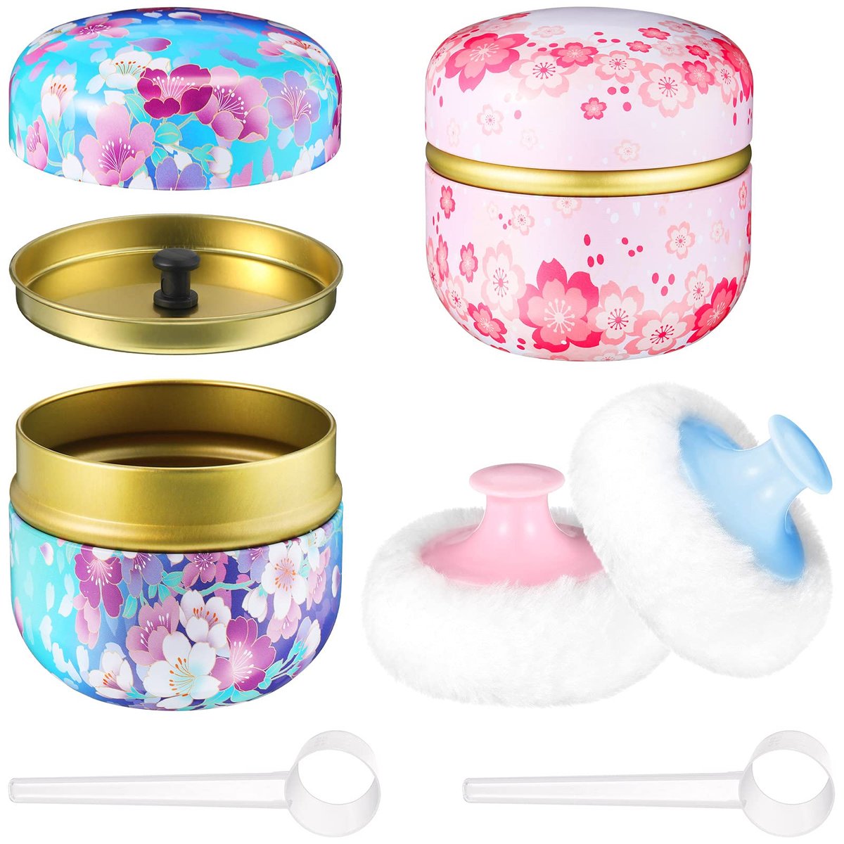 Chengu 2er-Set Körperpuder-Quaste und Behälter, 2 weiche Puffs, 2 Löffel und 2 loses Puderbehälter für Baby, Frauen, Zuhause und Reisen
