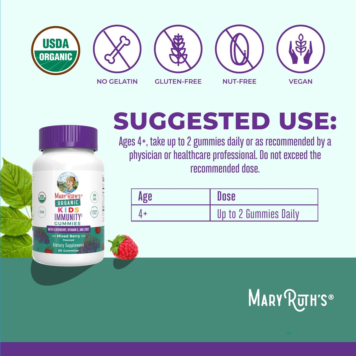 MaryRuth Organics Immun-Gummis für Kinder | USDA Bio | Vitamin C, Zink & Holunderbeeren | Immununterstützung ab 4 Jahren | Vegan | Ohne Gentechnik | Glutenfrei | 60 Stück