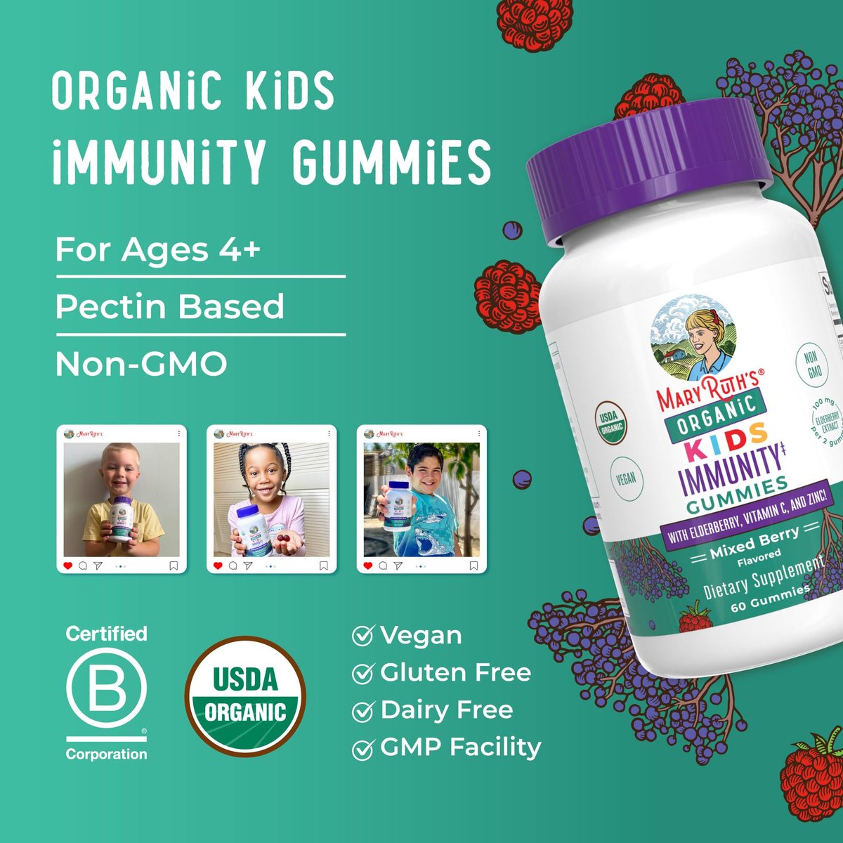 MaryRuth Organics Immun-Gummis für Kinder | USDA Bio | Vitamin C, Zink & Holunderbeeren | Immununterstützung ab 4 Jahren | Vegan | Ohne Gentechnik | Glutenfrei | 60 Stück