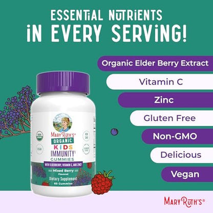 MaryRuth Organics Immun-Gummis für Kinder | USDA Bio | Vitamin C, Zink & Holunderbeeren | Immununterstützung ab 4 Jahren | Vegan | Ohne Gentechnik | Glutenfrei | 60 Stück