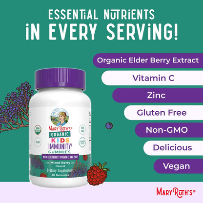 MaryRuth Organics Immun-Gummis für Kinder | USDA Bio | Vitamin C, Zink & Holunderbeeren | Immununterstützung ab 4 Jahren | Vegan | Ohne Gentechnik | Glutenfrei | 60 Stück