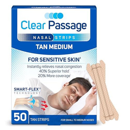 Clear Passage Nasenstreifen Small bis Medium, Beige, 50 Stück | Wirkt sofort zur Verbesserung des Schlafs, Reduzierung von Schnarchen, Linderung von Nasenverstopfung bei Erkältungen & Allergien