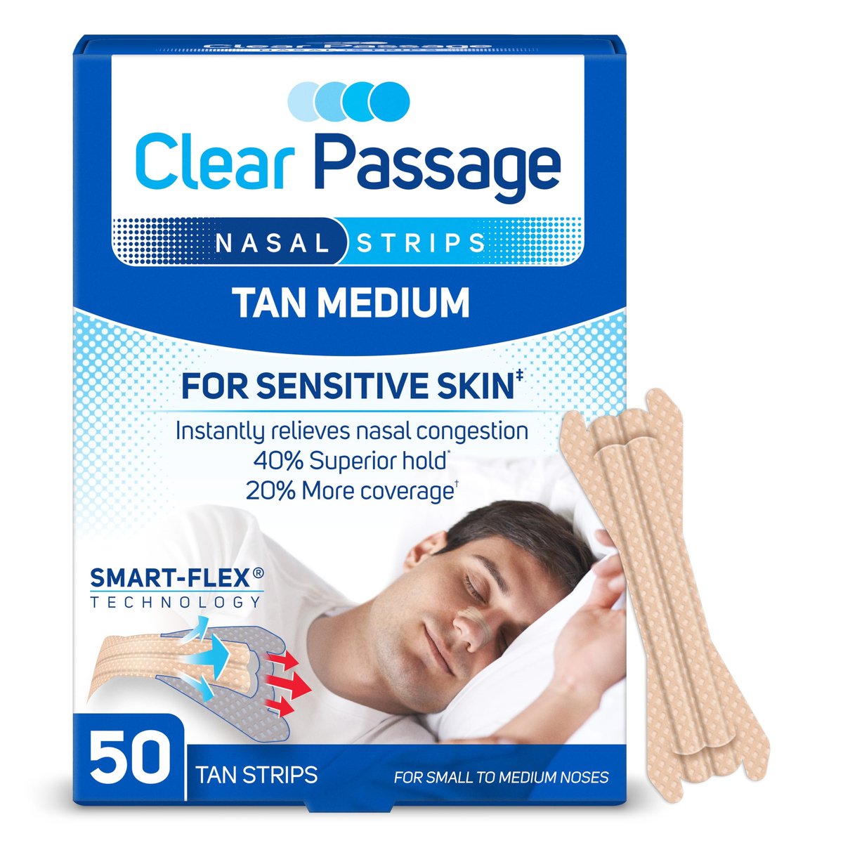 Clear Passage Nasenstreifen Small bis Medium, Beige, 50 Stück | Wirkt sofort zur Verbesserung des Schlafs, Reduzierung von Schnarchen, Linderung von Nasenverstopfung bei Erkältungen & Allergien