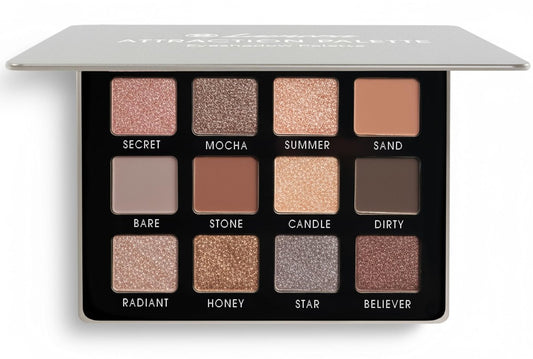 Lamora Attraction Lidschattenpalette – 12 weiche Brauntöne, Multi-Use Makeup-Palette mit matten & schimmernden Finishes, ultra-verblendbare Alltags-Neutrals, langanhaltend, Reise-Makeup mit Spiegel