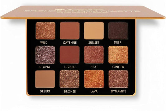 Lamora Bronze Eyeshadow-Palette – 12 warme Brauntöne, Matt & Schimmer, langanhaltend, mit Spiegel