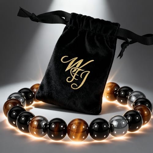 WFJ Schwarzer Obsidian Hämatit Dreifach-Schutz Armband Set – Tigerauge Perlen Naturstein Armband für Männer Frauen (10 mm)