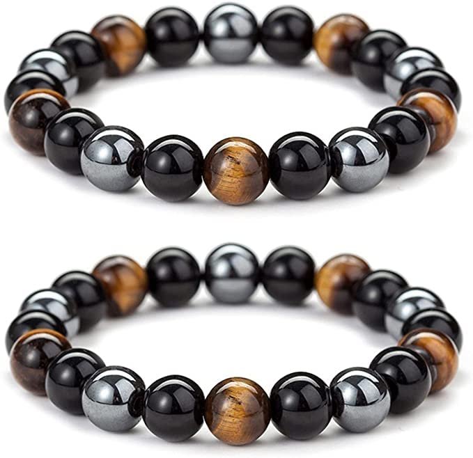 WFJ Schwarzer Obsidian Hämatit Dreifach-Schutz Armband Set – Tigerauge Perlen Naturstein Armband für Männer Frauen (10 mm)