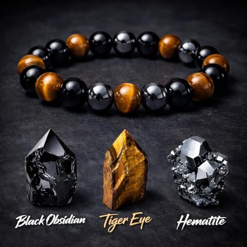 WFJ Schwarzer Obsidian Hämatit Dreifach-Schutz Armband Set – Tigerauge Perlen Naturstein Armband für Männer Frauen (10 mm)