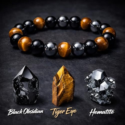 WFJ Schwarzer Obsidian Hämatit Dreifach-Schutz Armband Set – Tigerauge Perlen Naturstein Armband für Männer Frauen (10 mm)