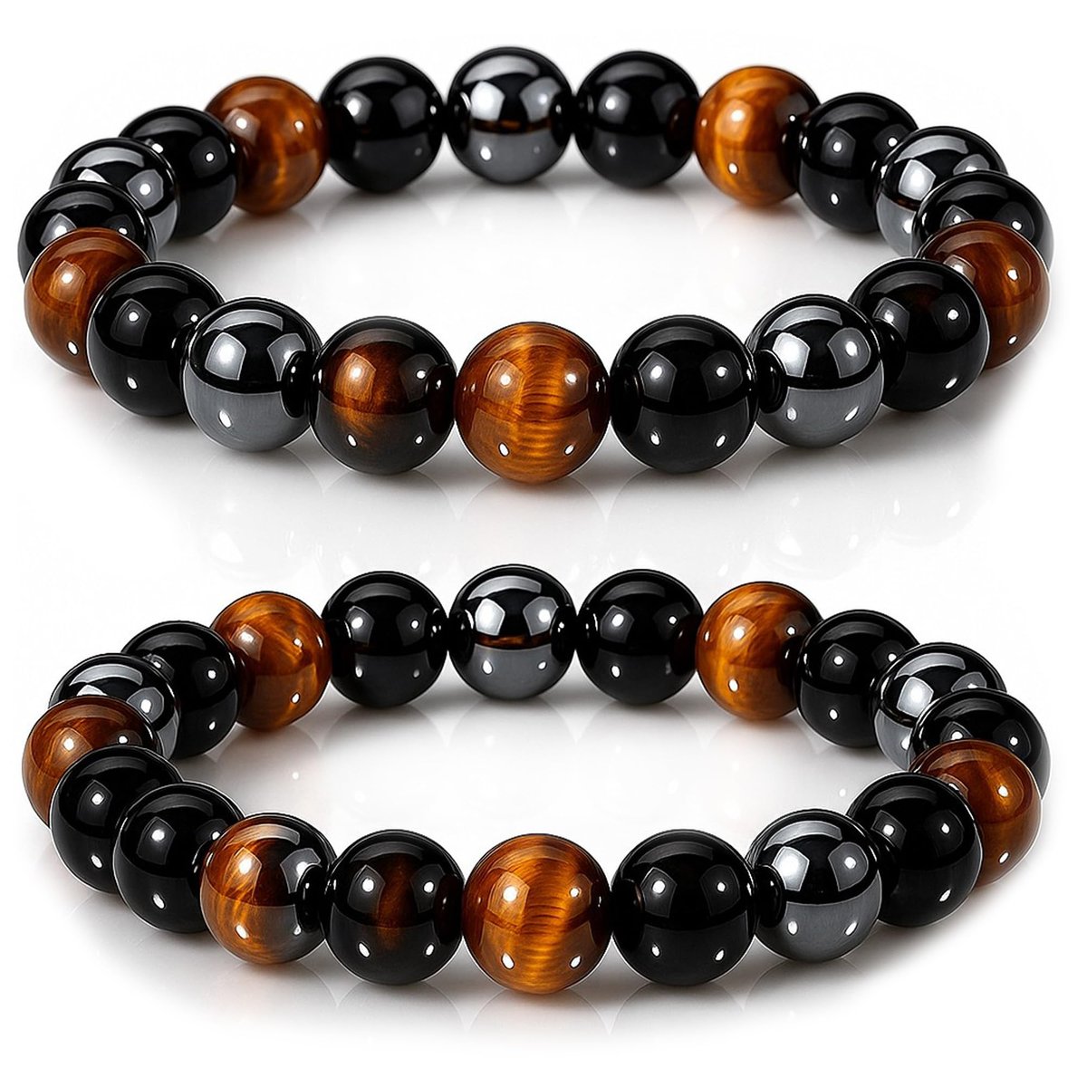 WFJ Schwarzer Obsidian Hämatit Dreifach-Schutz Armband Set – Tigerauge Perlen Naturstein Armband für Männer Frauen (10 mm)