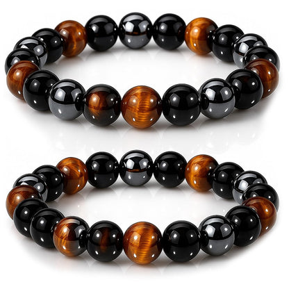 WFJ Schwarzer Obsidian Hämatit Dreifach-Schutz Armband Set – Tigerauge Perlen Naturstein Armband für Männer Frauen (10 mm)
