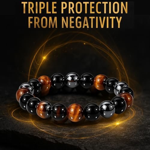 WFJ Schwarzer Obsidian Hämatit Dreifach-Schutz Armband Set – Tigerauge Perlen Naturstein Armband für Männer Frauen (10 mm)