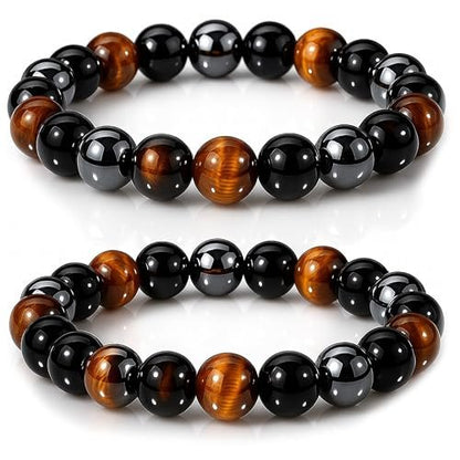 WFJ Schwarzer Obsidian Hämatit Dreifach-Schutz Armband Set – Tigerauge Perlen Naturstein Armband für Männer Frauen (10 mm)