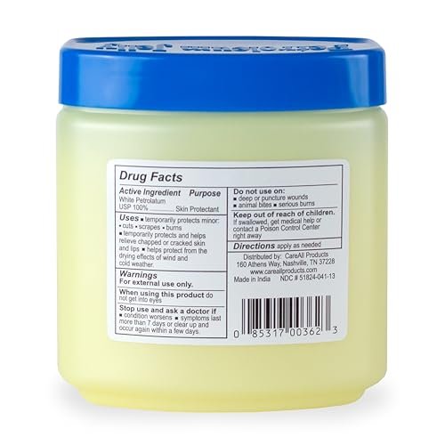 CareAll Petroleum Jelly 13 Oz Glas – Unparfümiert, 100% reines weißes Vaseline USP – Hautschutz bei kleinen Schnitten, Schürfwunden, Verbrennungen – Feuchtigkeitsspender für trockene Haut und Lippen