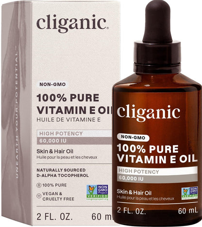 Cliganic Reines Vitamin E Öl für Haut, Narben, Haare & Gesicht - 60.000 IE, Non-GMO verifiziert | Natürliches D-Alpha Tocopherol