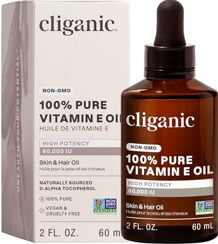 Cliganic Reines Vitamin E Öl für Haut, Narben, Haare & Gesicht - 60.000 IE, Non-GMO verifiziert | Natürliches D-Alpha Tocopherol