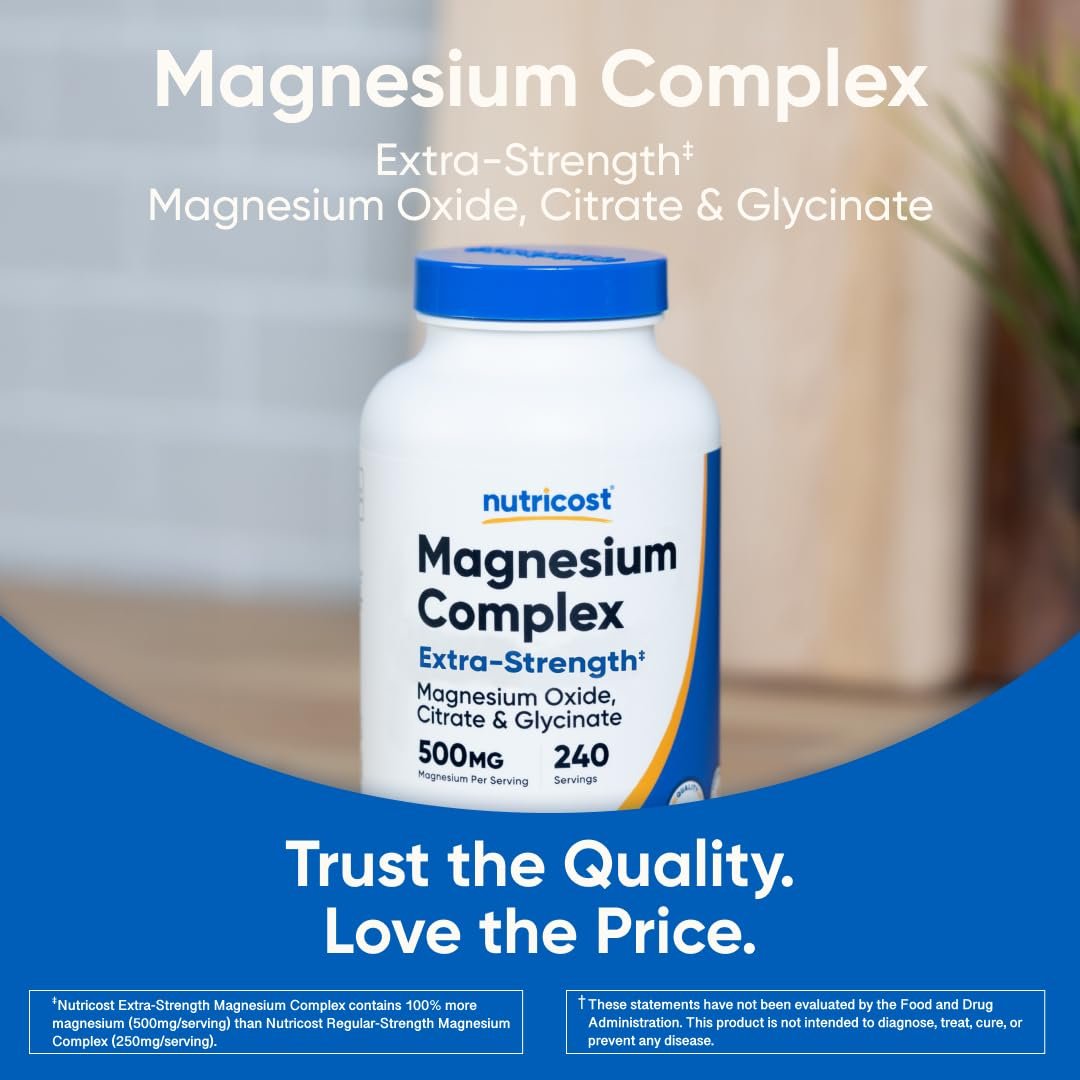 Nutricost Magnesium Complex Extra Strength 500mg, 240 Kapseln – Magnesiumoxid, -citrat und -glycinat – Glutenfrei und Nicht-GVO